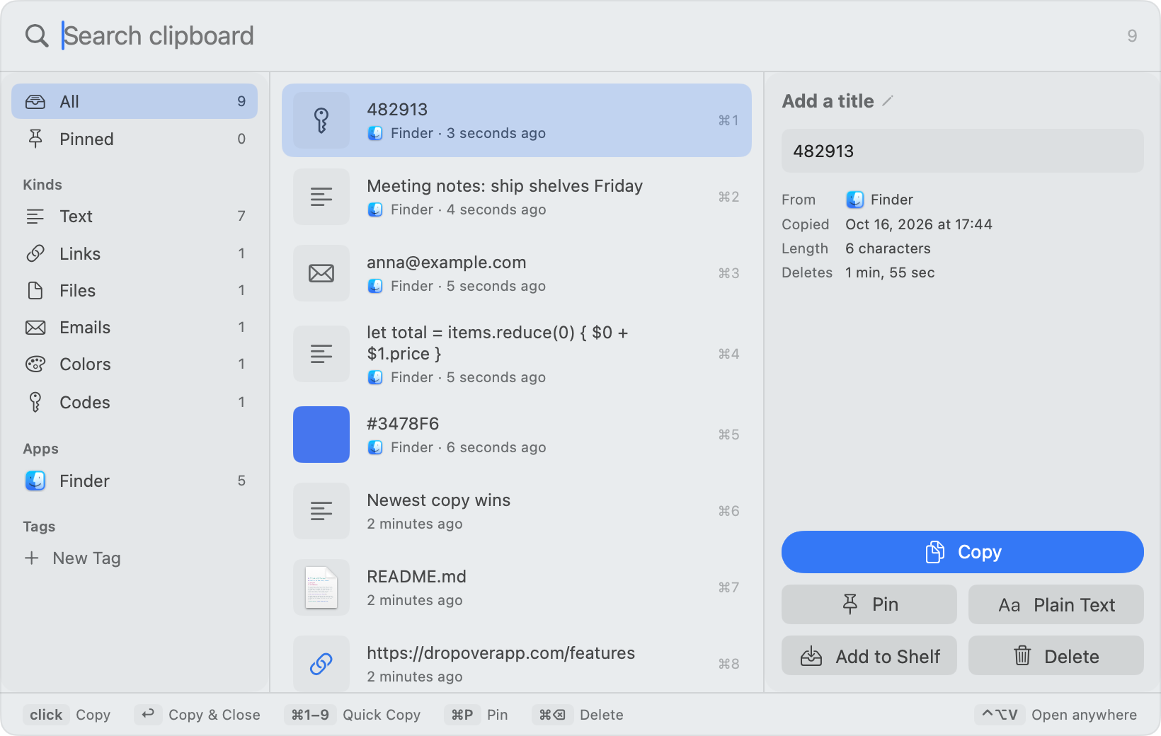 FileShelf Clipboard History window: a search field, copies sorted by kind such as text, links, files, colors and codes, and buttons to copy, pin, paste as plain text or add to a Shelf
