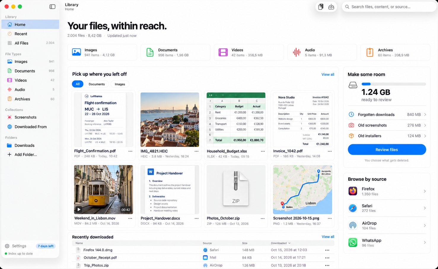 FileShelf Home showing recent files as big previews: a flight confirmation, a photo from Lisbon, a budget sheet and an invoice, with downloads grouped by the app that saved them