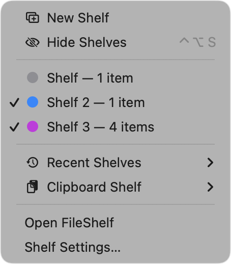 FileShelf menu bar menu listing three Shelves with item counts, plus New Shelf, Hide Shelves, Recent Shelves and Clipboard Shelf